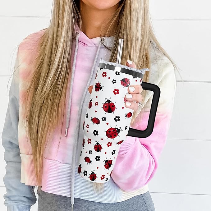 Ceovfoi 40 Oz Ladybug Tumbler With Handle - Coffee Travel Mug Cup Water Bottle, Strawberry Decor - Gifts for Women - Bloomnest