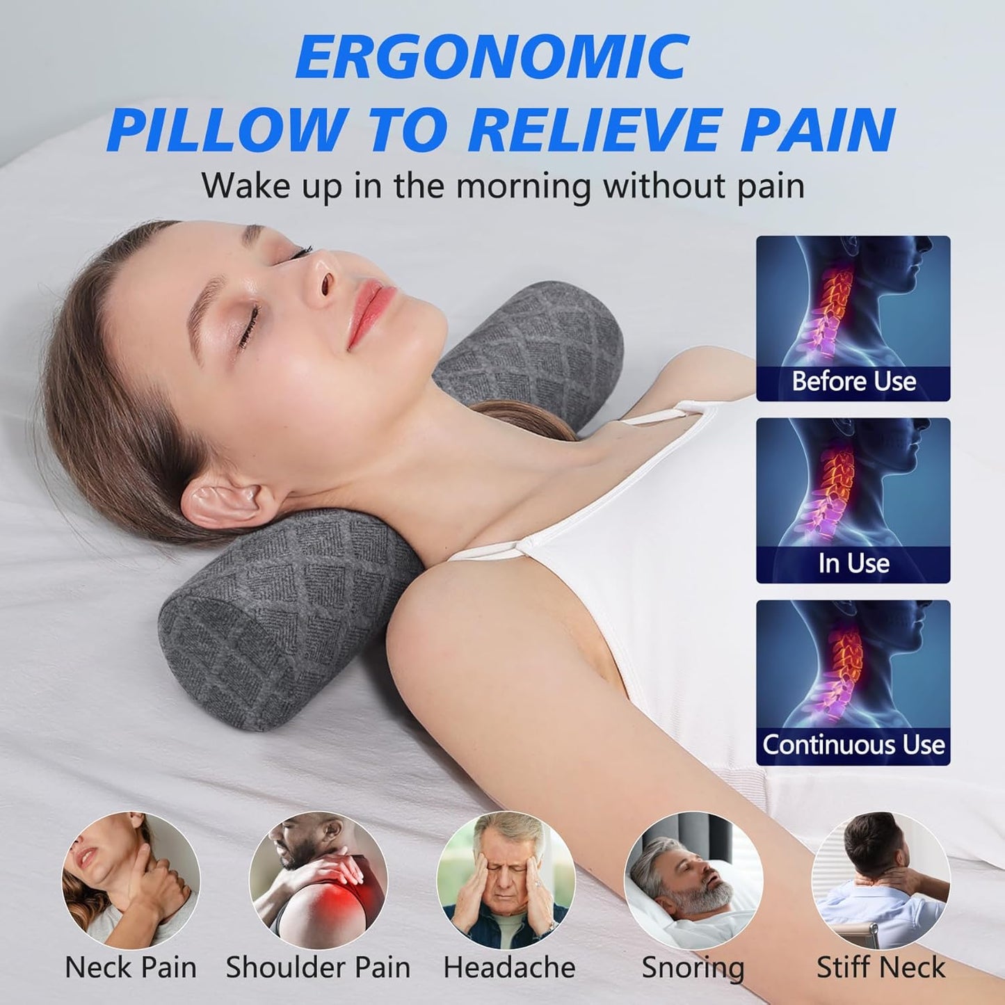 Cozyhealth 3.1" H Small Cervical Roll Pillow, Medium Soft Memory Foam Neck Round Pillow Cylinder Bolster Pillow for Sleeping, Round Neck Support for Bed, Legs, Back and Yoga (Grey, Small - 3.1" H)