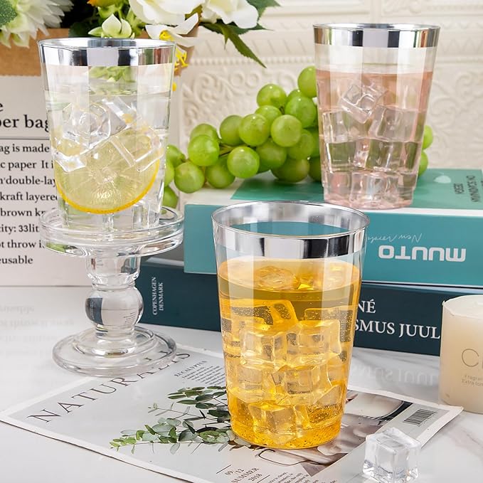I00000 50 Pack 12 oz Silver Plastic Cups, Silver Rimmed Disposable Cups, Party Wine Glasses Disposable Cocktail Glasses Heavy Duty Cups with Silver Rim, 12 Ounce Plastic Tumblers For Party - Bloomnest