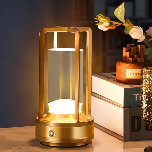 Portable Metal Table Lamp,Cordless Table Lamp, Rechargeable Battery Operated Lights, LED Table Lamps, 3 Color Stepless Dimming Touch, for Bedroom Restaurant Home Outdoor (Golden) - Bloomnest