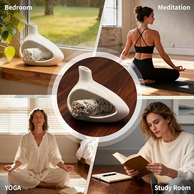 Palo Santo Holder, Ceramic Incense Burner for Sticks Sage Holders Cone Burning Smudge Bowl with Ash Brush for Meditation Yoga Spa Room Decor (White) - Bloomnest