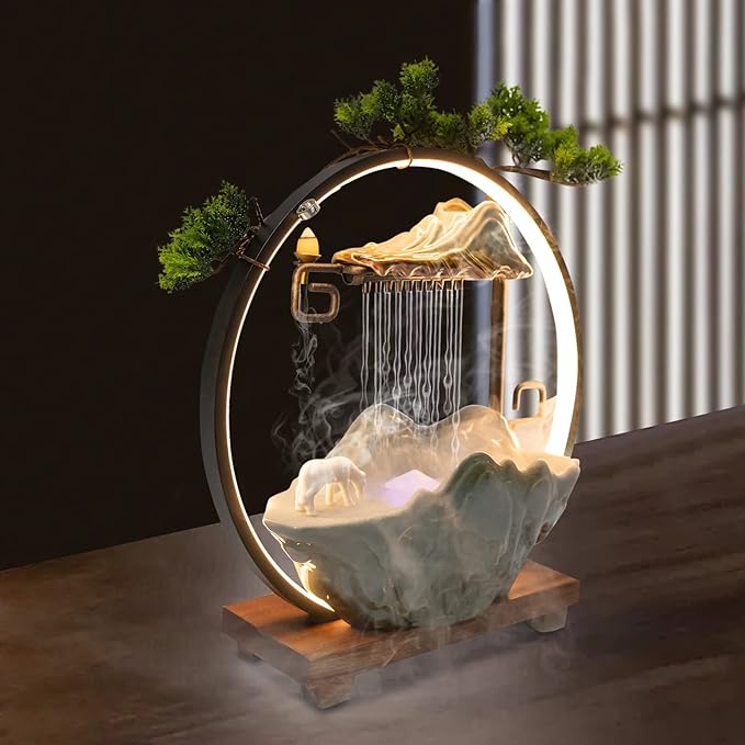 Tabletop Water Fountain, Indoor Waterfall with Round LED Light & Mist Maker and Incense Holder for Home Office Decor for Good Luck Wealth - Bloomnest