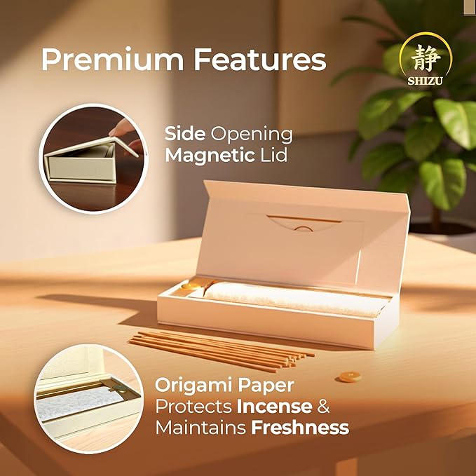 Shizu Sandalwood Incense Sticks – Temple Grade Japanese Incense with Brass Holder – Calming Scent for Relaxation, Meditation & Home Spa, Elegant Gift Set (60 Sticks) - Bloomnest
