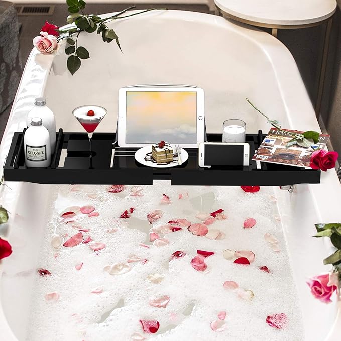 Domax Bathtub Caddy Tray Expandable Bamboo Tub Tray for Luxury Bath with Book Holder and Free Soap Dish Black - Bloomnest