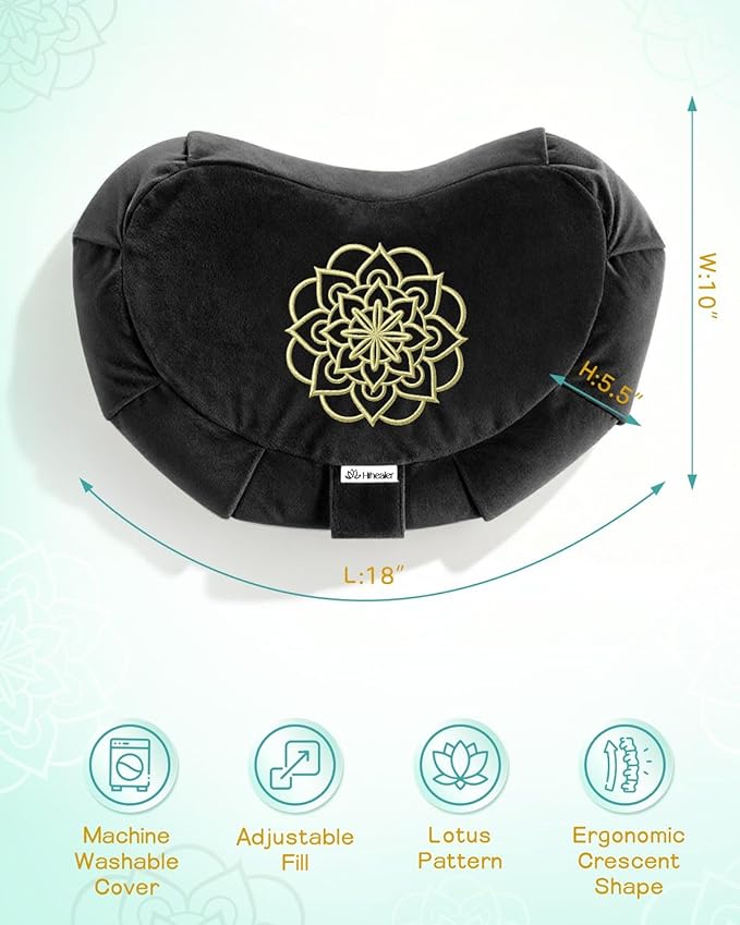 Premium Meditation Cushion - Comfortable Floor Pillow for Adult Traditional Crescent Meditation Pillow Yoga Buckwheat Bolster (Black) - Bloomnest