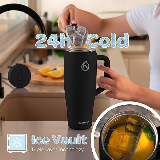 Hydracy 40 oz Tumbler with Handle and Straw, Stainless Steel Insulated Travel Cup with No Spill Rotatable Flip Lid for Left or Right Hand Use, Rubber Base, Fits in Cup Holder - Sexy Black - Bloomnest