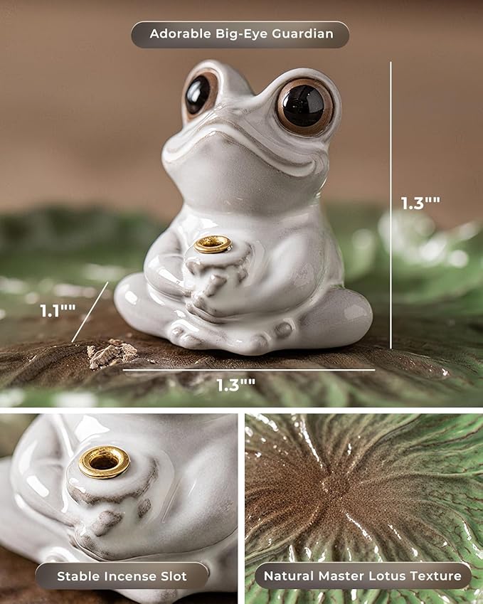 Ceramic Incense Stick Holder - Cute Frog Incense Burner with Lotus Leaf Tray Ash Catcher, Handcrafted Zen Decor for Home, Meditation, Yoga, Gift - Bloomnest