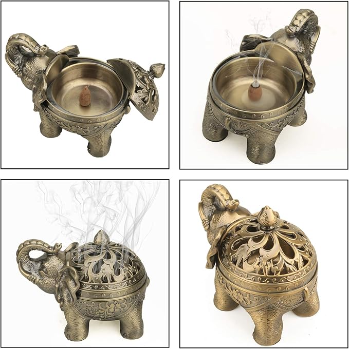 K COOL Metal Backflow Incense Holder Elephant Cone Coil Incense Burner Ash Catcher with Lid, Aromatherapy Ornament Home Office Decoration for Indoor Outdoor (Bronze) - Bloomnest