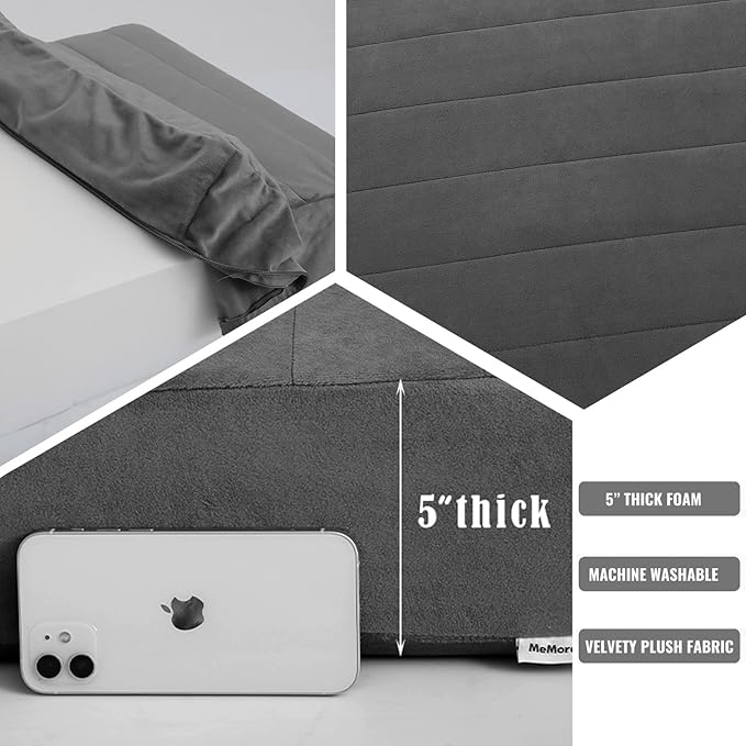 MeMoreCool Square Floor Pillow for Adults and Kids, Large Meditation Cushion with Thick Foam and Washable Tufted Cover, 22-Inch Grey Seat for Yoga and Sitting