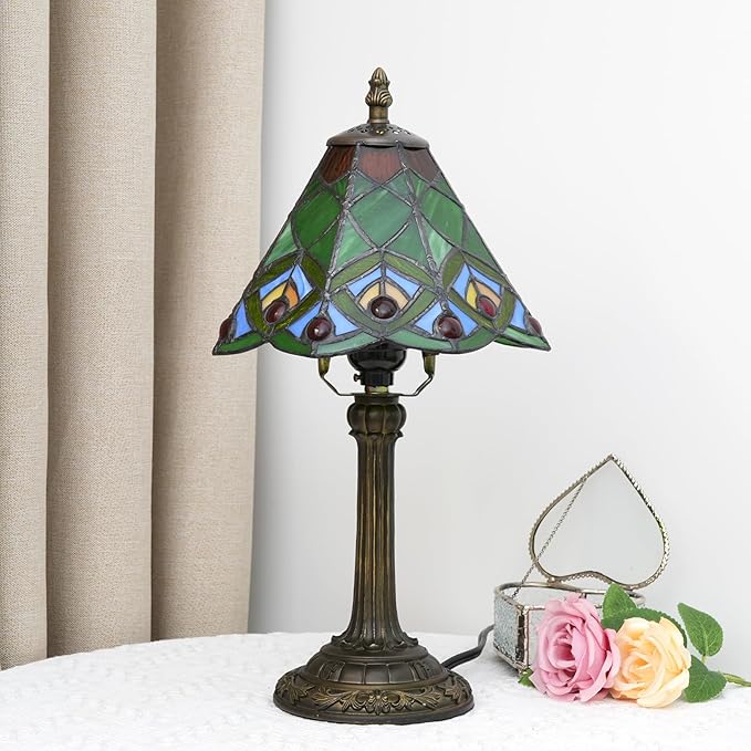 8 Inch Tiffany Style Stained Glass Table Lamp, Peacock Feather Pattern Retro Style Design, Suitable for Bedroom Bedside Lamp Office Study and Other Home Art Decoration (Green) - Bloomnest