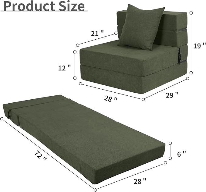 High-Density Memory Foam Folding Sofa Bed with Fluffy Pillow, Single Size, Green - Bloomnest