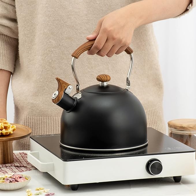 Whistling Tea Kettles with Wood Grain adjustment Nylon Handle, 2.3 Quart Capacity with Capsule Base Tea Kettle, Black - Bloomnest
