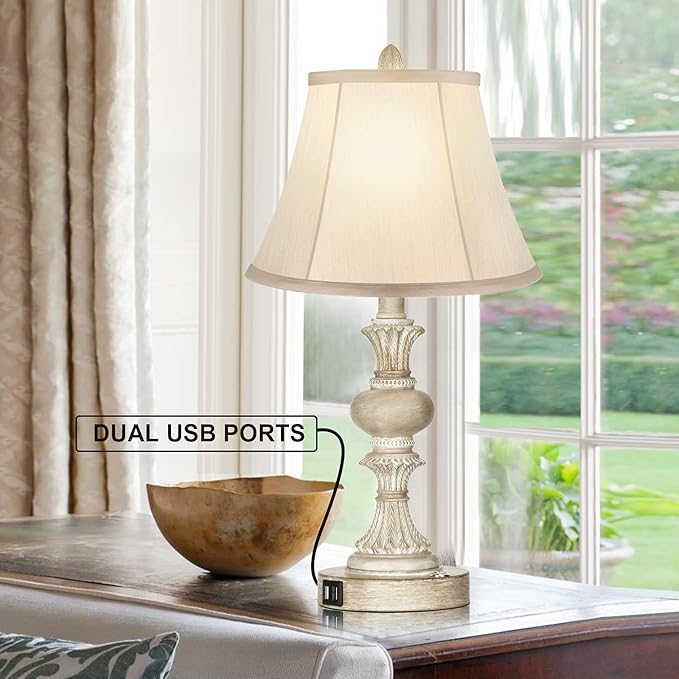 PARTPHONER Touch Control Table Lamp Set of 2, 3-Way Dimmable Bedside Nightstand Lamp with 2 USB Charging Ports, Rustic Farmhouse Desk Lamp with Faux Silk Shade for Living Room, Bedroom - Washed White - Bloomnest