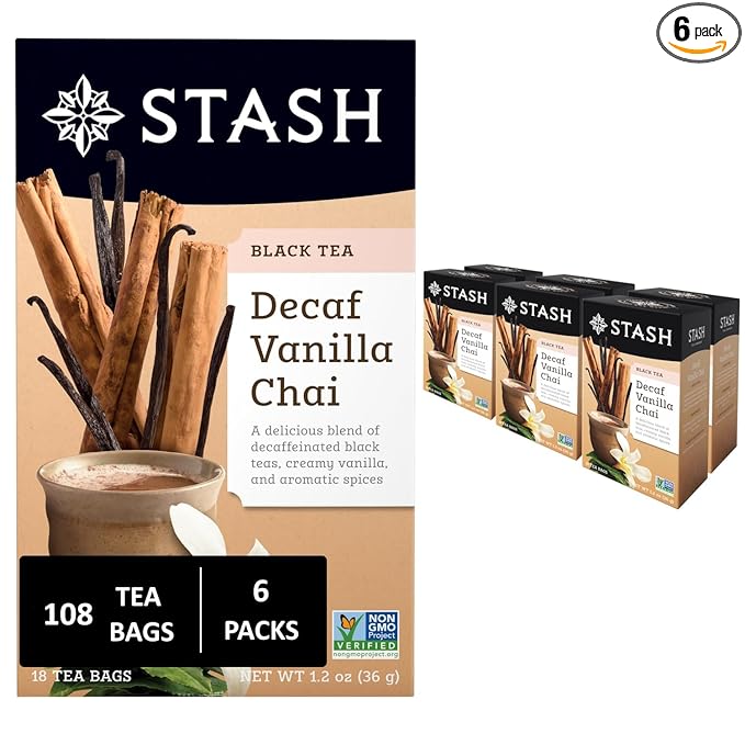 Stash Tea Decaf Vanilla Chai Tea, 6 Boxes With 18 Tea Bags Each (108 Tea Bags Total) - Bloomnest