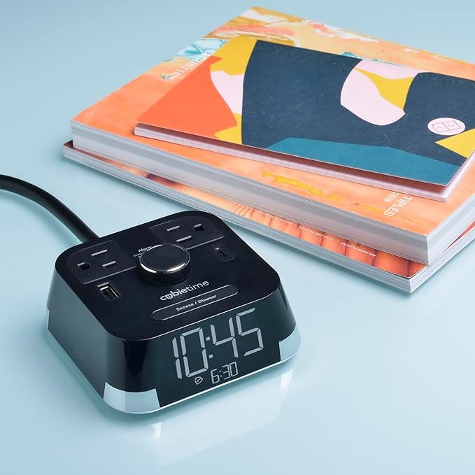 The Original Brandstand CubieTime | User Friendly & Convenient Alarm Clock Charger | 1 USB-A & 1 USB-C Port | 2 Tamper Resistant Outlets | As Seen in Top Hotel Brands