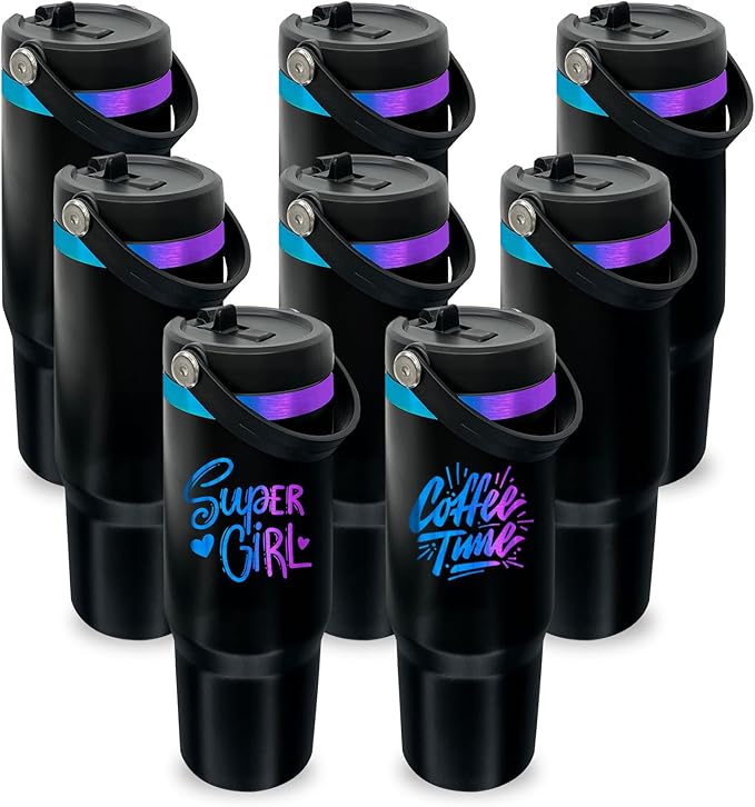 30 oz Tumbler with Handle, Double Wall Vacuum Insulated Tumblers with Flip Straw, Coffee Mug 30oz Powder Coated Cup for Hot and Cold Drinks(Blue Purple Plated, Black,8 pack)