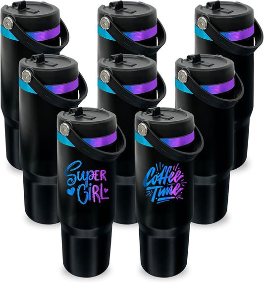 30 oz Tumbler with Handle, Double Wall Vacuum Insulated Tumblers with Flip Straw, Coffee Mug 30oz Powder Coated Cup for Hot and Cold Drinks(Blue Purple Plated, Black,8 pack)