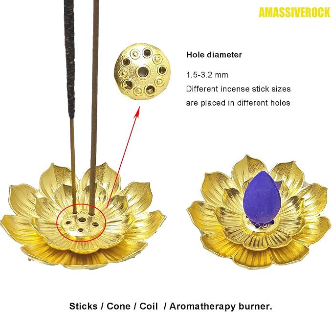 Cone Incense Holder - Lotus Gold Brass Ash Catcher for Cones, Waterfall Backflow Burner for Sticks - Meditation Yoga Home Decor