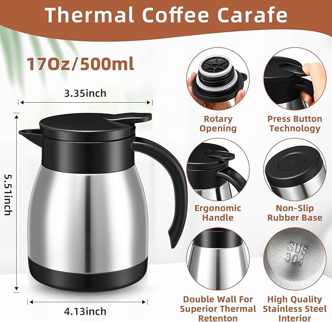 Norme 2 Pcs Thermal Coffee Carafe Insulated Stainless Steel Coffee Carafe for Hot Liquid Vacuum Thermal Pot Creamer Pitcher Dispenser with Brushes Keeping Hot Water Milk(Silver,17 oz) - Bloomnest
