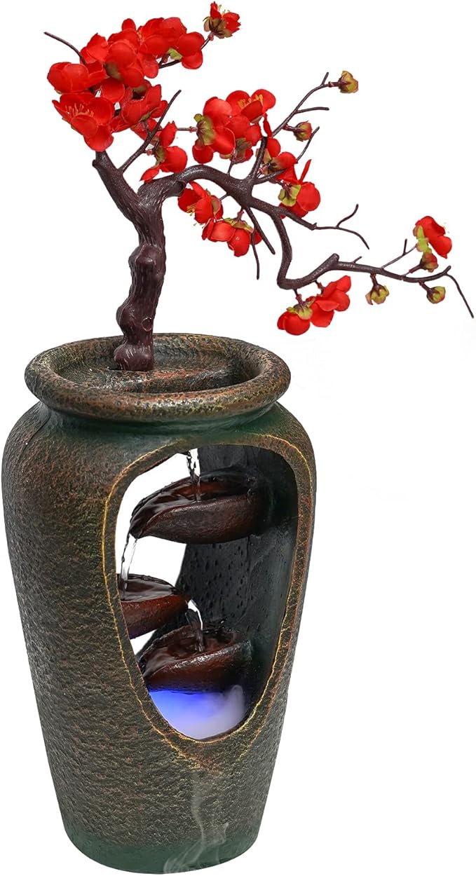 20" Flower Vase Style Bonsai Waterfall Fountain Tabletop Decorative Waterfall with LED Lights and Atomizer, Desktop Water Fountains for Living Room, Cafe Or Office - Bloomnest