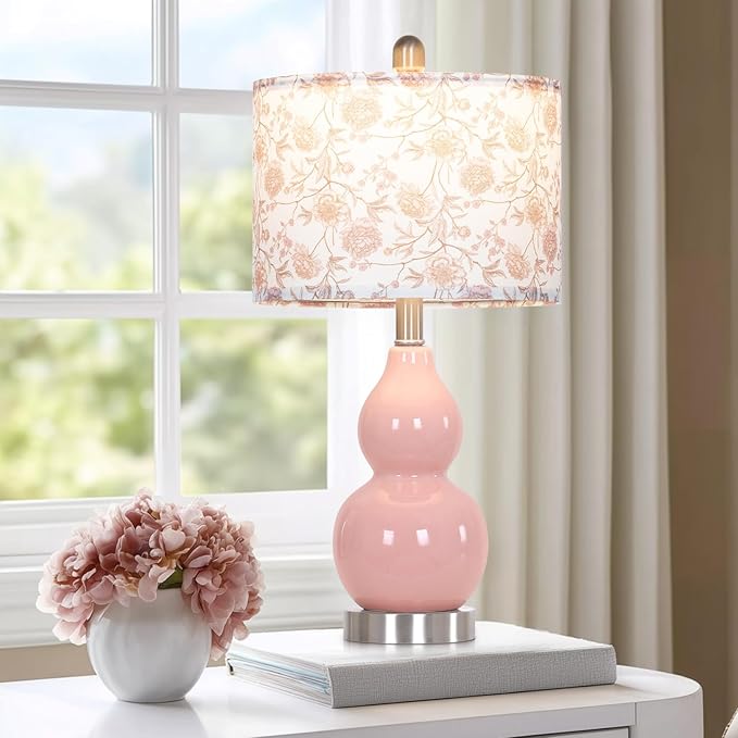 Pink Double Gourd Ceramic Lamps Set of 2 with Flower Lampshade, Modern Table Lamps for Living Room, Contemporary Nightstand Bedside Lamp for Bedrooms End Tables Office Dorm Decor(2 LED Bulbs Included) - Bloomnest