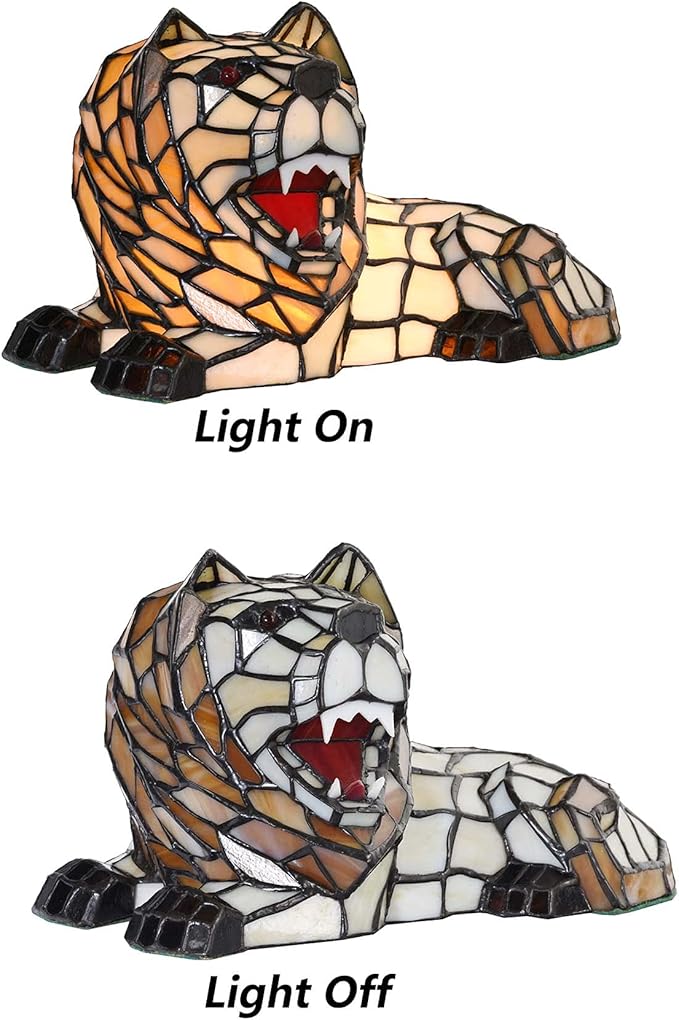 Bieye L10828 Roaring Lion Table Lamp Tiffany Style Stained Glass Accent Night Light for Children's Room Nursery Home Décor - Bloomnest