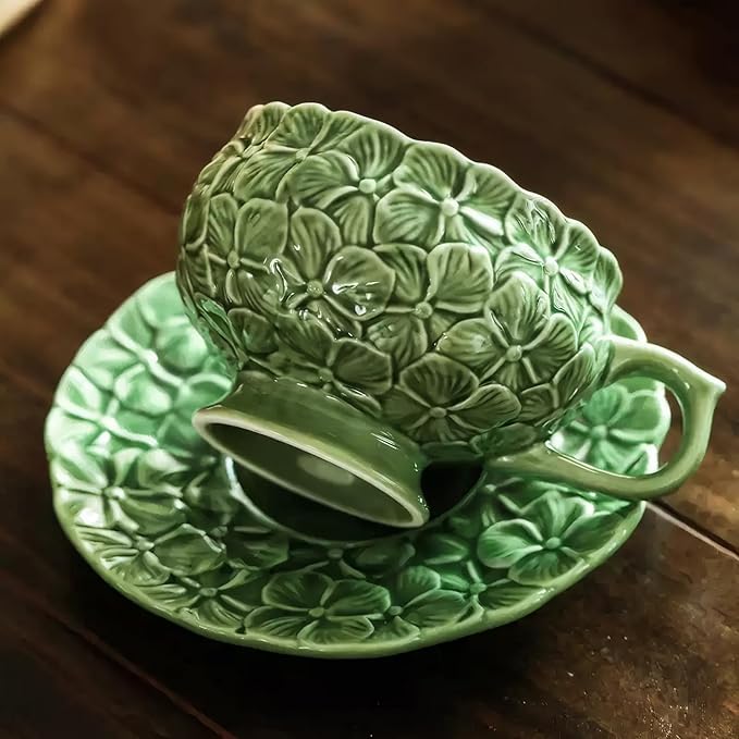 KAMMAK Tea Cups and Saucers Set of 2, Porcelain Coffee Cups, 8.5-Ounce Stackable Espresso Mugs, Ceramic Demitasse for Coffee, Latte, Americano, Tea, Green Flower - Bloomnest