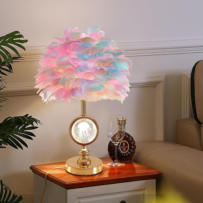 Colorful Feather Lamp Modern Crystal Table Lamp Fluffy Bedside Lamp Romantic Nightstand Light Cute Princess Desk Lamp for Teen Girl Wedding Deco Bedroom Living Room Entryway - Bloomnest
