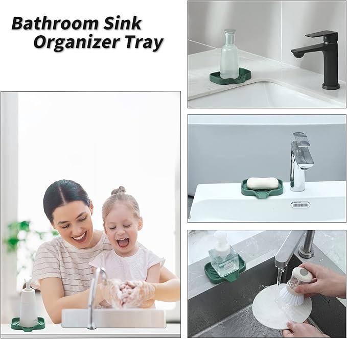 Silicone Bathroom Soap Dishes with Drain Spout-Bathroom and Kitchen Sink Organizer,Sponge Holder,Dish Soap Tray,Perfect for Dispenser,Scrubber,Bottle,Cup on Sink or Counter-Green 4.9"×3.2" - Bloomnest