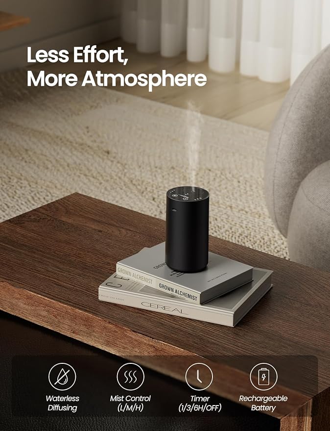 Waterless Essential Oil Diffuser, Rechargeable Scent Diffusers with 3 Mist Levels & Timers, Portable Aromatherapy Diffuser for Home Car Room Studio Office, Black Metal 2 Pack - Bloomnest