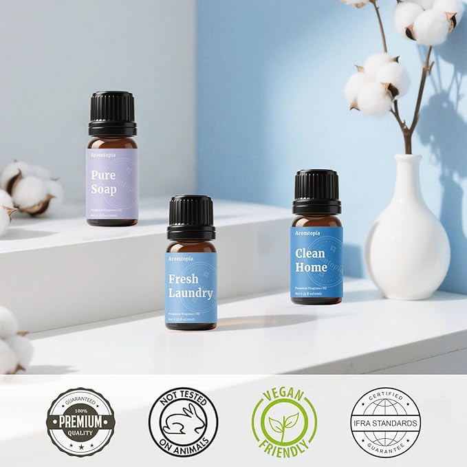 Diffuser Fragrance Oils, Aromtopia Essential Oils for Diffusers for Home, 6x10ml Fresh Home Set, Clean Scents for Candle Soap Making, Dryer Ball, Fresh Linen, Fresh Laundry, Crisp Breeze, Lemon - Bloomnest