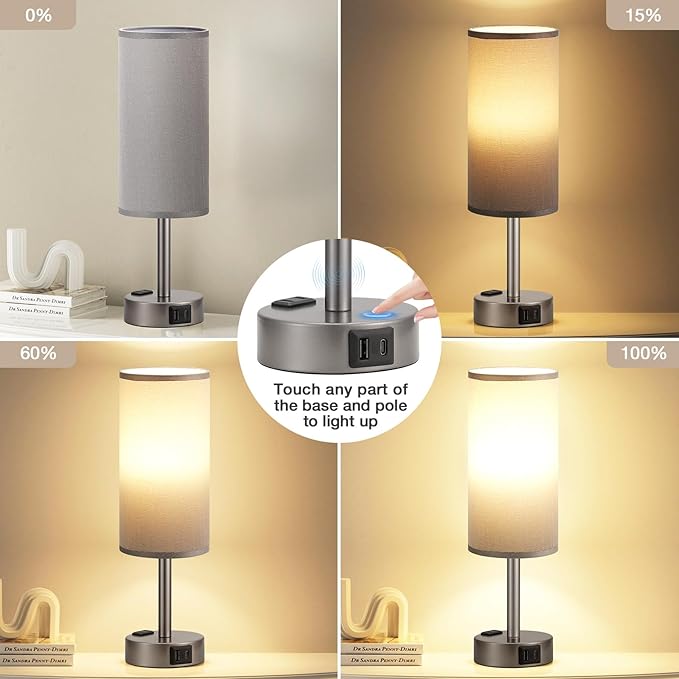 Fenmzee Grey Bedside Table Lamp for Bedroom - 3 Way Dimmable Touch Lamp USB C Charging Ports and AC Outlet, Small Lamp for Living Room, Desk, LED Bulb Included - Bloomnest