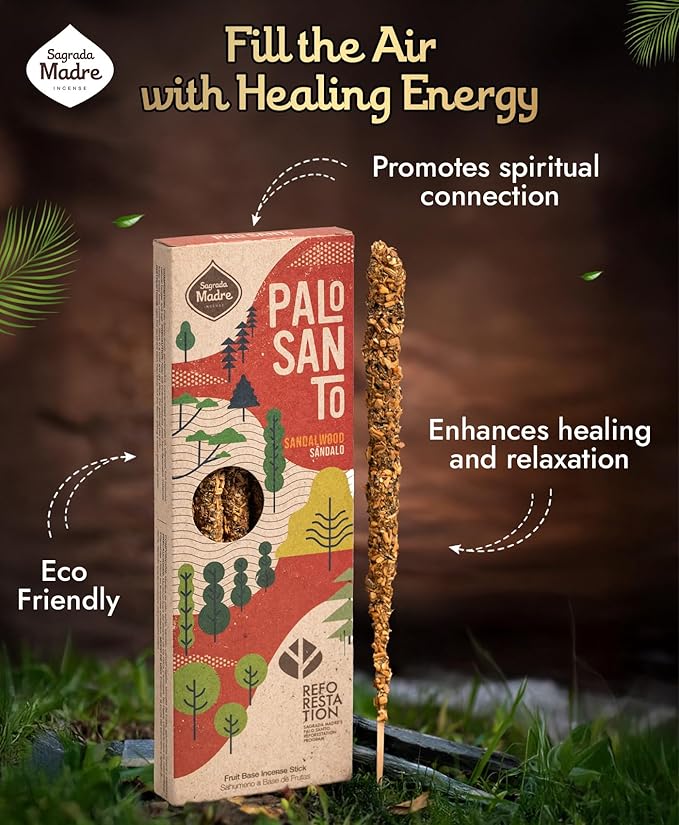 Sagrada Madre 4pcs Wildly Harvested Palo Santo Incense Sticks (Sandalwood), 6.7” Long - Non-Toxic, Aromatic Incense Sticks (50 min Approx. Burning Time) to Heal & Calm Your Body and Environment SagradaMadre