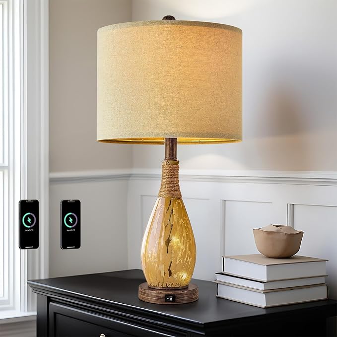 OYEARS 23" USB A+C Table Lamp for Bedroom Living Room Modern Bedside Lamps Retro Farmhouse Rattan Glass Nightstand Nightlight Lamps (Amber),Two Light Points - Bloomnest
