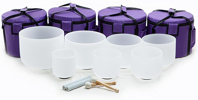 Leize Crystal Singing Bowl with Carrying Case, White, Set of 7 size 6-12" A-G Note 432 hz - Bloomnest