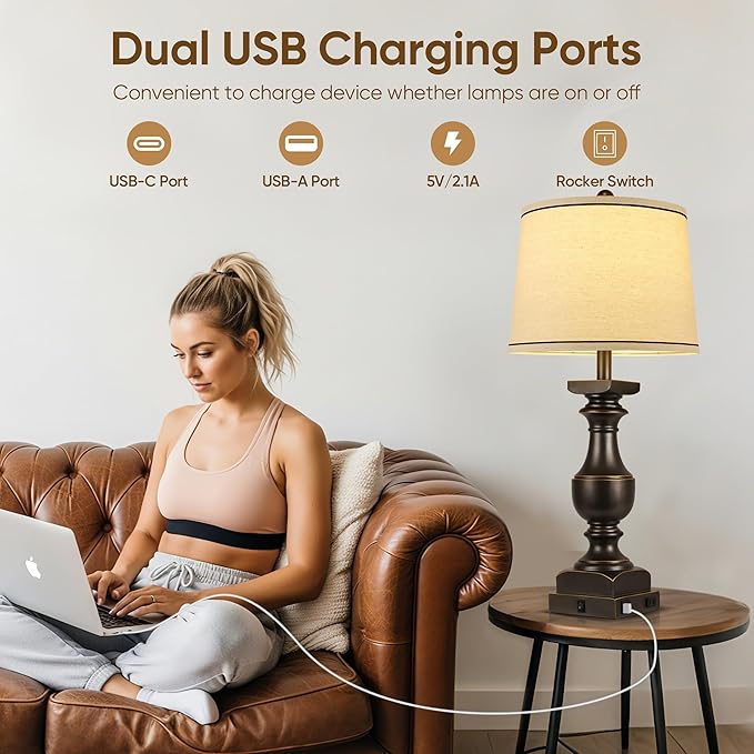 28'' Farmhouse Bedside Lamps Set of 2, Black Gold Table Lamps for Nightstand, Desk Lamps with Linen Shades, Table Lamps with USB A+C Port, Nightstand Lamps for Bedroom, Rocker Switch, Bulb Included - Bloomnest