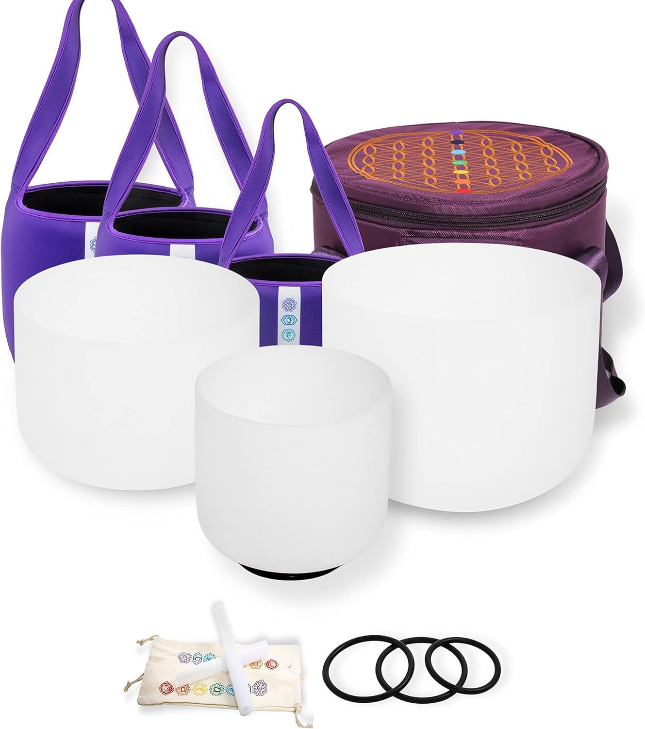 FMTY Perfect pitch(±10hz) Singing Bowl set of 3 7A+9F+11D Crystal Singing Bowl with Carrying Bag, Crystal Mallet, O-Ring Pure Quartz Crystal Sound Bowl (Set of 3, White)