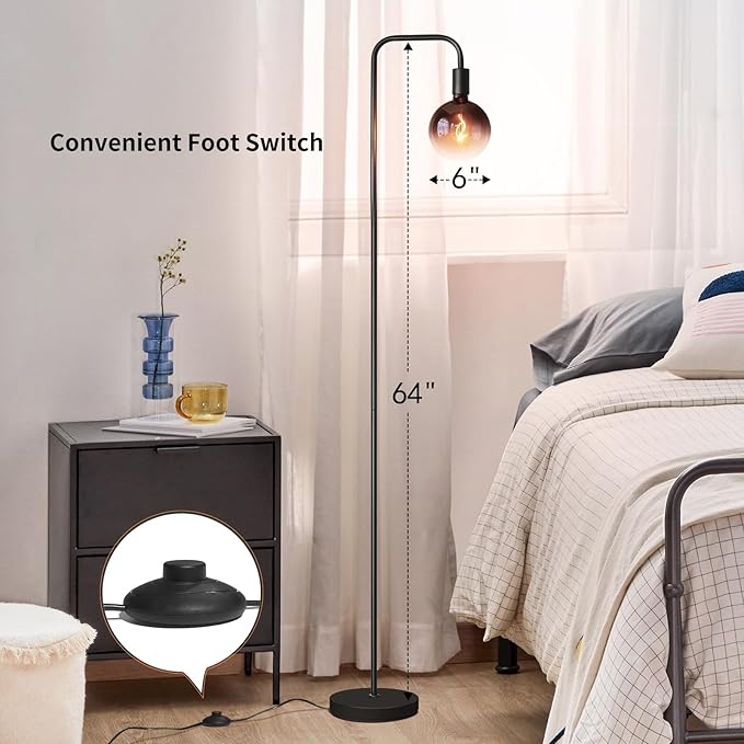 ONEWISH Floor Lamp for Living Room - Minimalist Industrial Standing Lamp with Modern LED Bulb, Globe Black Clear Glass 6", 1800K Warm Ambiant Lighting Decorative Tall Floor Lamp for Bedroom Office - Bloomnest