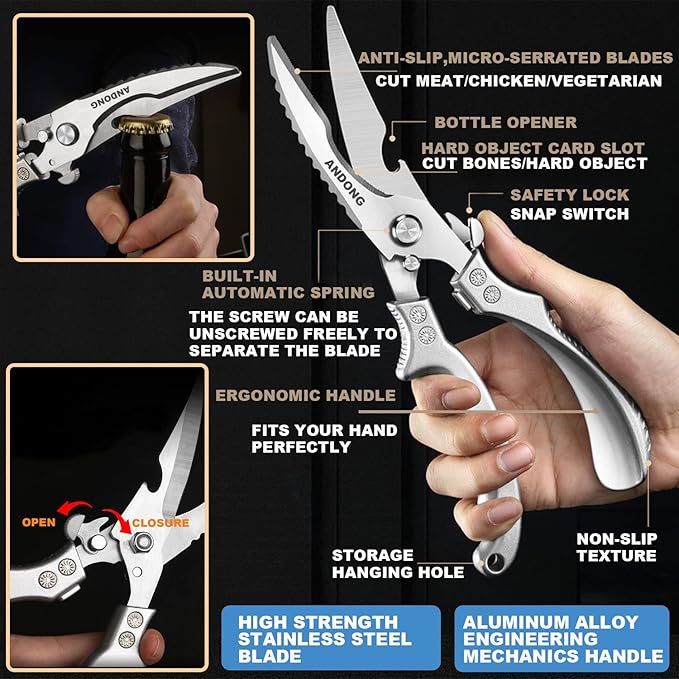 ANDONG Heavy Duty Professional Poultry Shears -Stainless Steel Kitchen & Meat Scissors with Leather Sheath, Dishwasher Safe Spring Loaded Utility Shears for Cooking, Butchering, Cutting - Bloomnest
