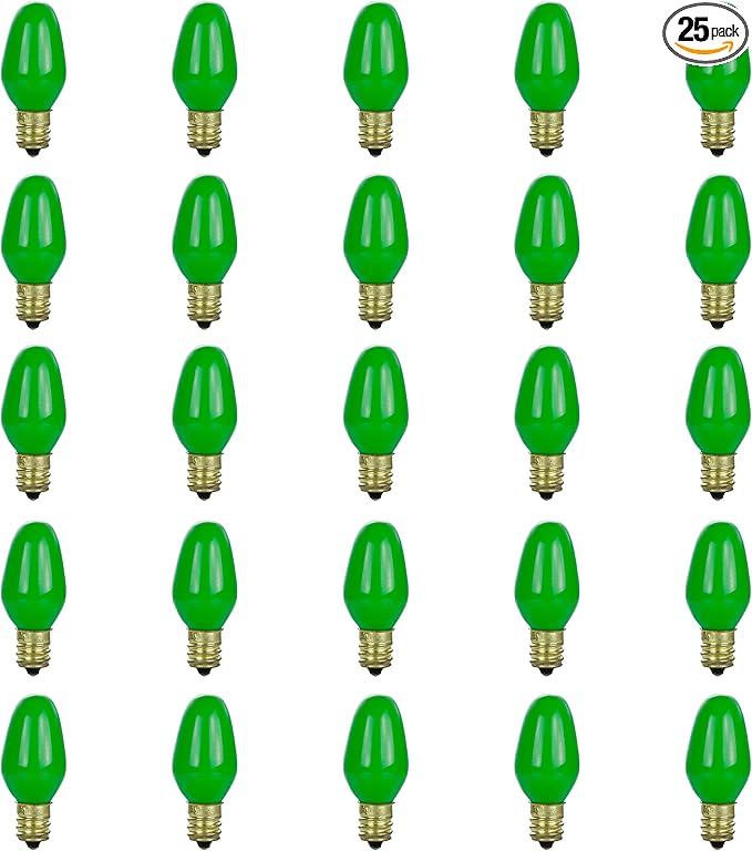 Sunlite 01260 7C7 Incandescent Bulb, 7 Watt, Candelabra E12 Base, C7 Small Night Light, Colored Bulb, Green, 25 Count - Bloomnest