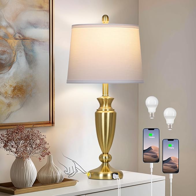 27" Gold Table Lamp Single, Touch Control Modern Bedroom Lamp with USB A+C Ports, 3-Way Metal Bedside Lamp, Elegant Brass Table Lamp for Night Stand Desk Side Table Office (Bulb Inclued) - Bloomnest