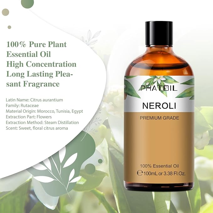 Neroli 3.38fl.oz Essential Oil, PHATOIL Pure Aromatherapy Oils for Diffuser, Humidifier, Perfect for DIY Soap, Candle, Bath Bombs Making(100ml) - Bloomnest