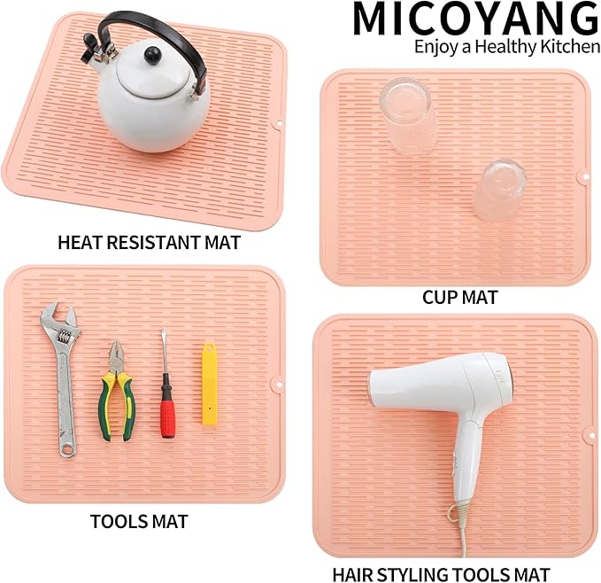 Silicone Dish Drying Mat for Multiple Usage,Easy clean,Eco-friendly,Heat-resistant Silicone Mat for Kitchen Counter or Sink,Refrigerator or Drawer Liner Pink 2XL 24 inches x 18 inches - Bloomnest
