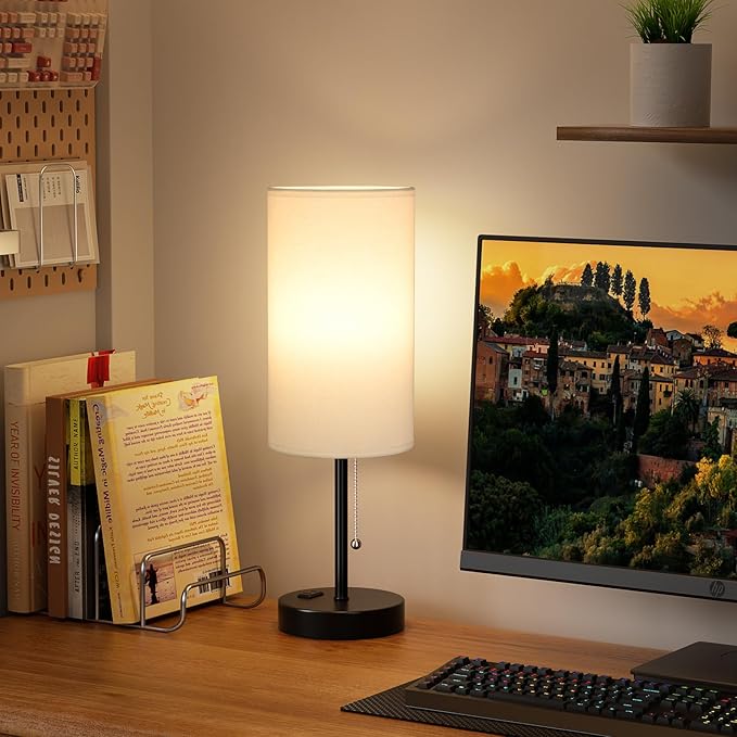 17.4Inches White Bedside Lamp for Bedroom Nightstand - Tall Lamp with USB A + C Charging Port & AC Outlet, 3 Color Temperatures Pull Chain, Side Desk Reading Light for Living Room - Bloomnest