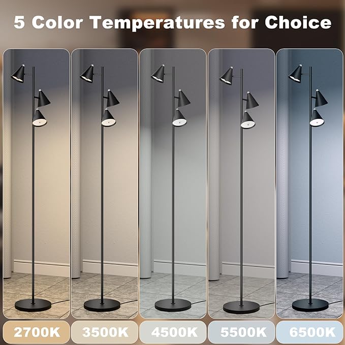 Tree Floor Lamp with Remote, Dimmable 3 Rotatable LED Lights, 5 Color Temperatures, 63" Modern Standing Lamp for Living Room, Bedroom, Office Reading Light - Bloomnest