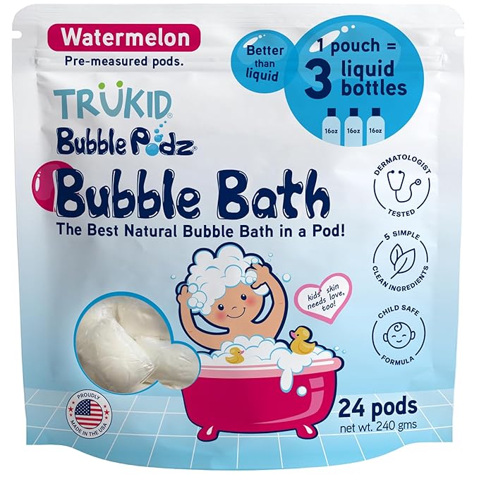 TruKid Bubble Podz Bubble Bath for Kids, Toddlers, & Babies, Tear Free Gentle & Refreshing Bath Bomb for Sensitive Skin with Natural Moisturizers, Non-Toxic, pH Balanced, Watermelon Scent (24 Podz) - Bloomnest