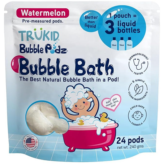 TruKid Bubble Podz Bubble Bath for Kids, Toddlers, & Babies, Tear Free Gentle & Refreshing Bath Bomb for Sensitive Skin with Natural Moisturizers, Non-Toxic, pH Balanced, Watermelon Scent (24 Podz) - Bloomnest