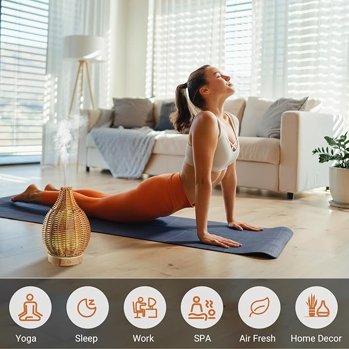 Boho Essential Oil Diffuser for Home Rattan Weaving with Remote Control, 100mL 7 Changing Color Lights Ultrasonic Aroma Humidifier, Noiseless Auto-Off Sleep Mode for Bedroom Office Workout - Bloomnest
