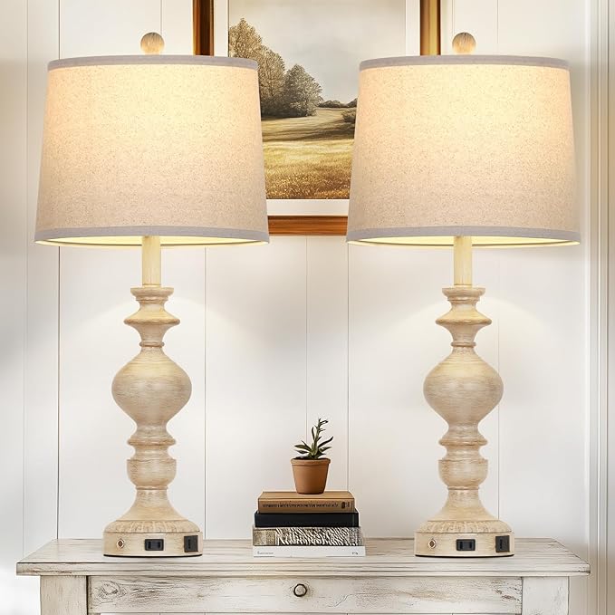 28" Farmhouse Table Lamps Set of 2, Rustic Lamp for Living Room with USB C+A Ports & AC Outlet, 3 Way Touch Control Resin Bedside Lamps, Retro Bedroom Lamp for Nightstand Side End Table Desk, Beige - Bloomnest