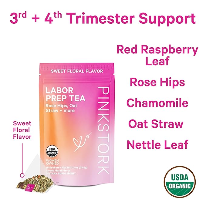 Pink Stork Labor Prep Tea, Organic Red Raspberry Leaf with Chamomile and Rosehip, Caffeine-Free, Pregnancy Must Haves, Labor and Delivery Essentials, Third Trimester Pregnancy - 15 Sachets - Bloomnest